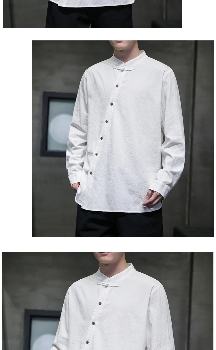Camicie di lino in cotone Stile cinese Abito tradizionale retrò Tang Top da uomo Kung Fu Tai Chi Camicie casual a maniche lunghe in tinta unita da uomo