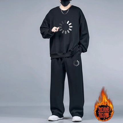 2pcs Set Men's Sweatshirts Pants Plus Size Fleece-lined Tops Sports Jogging Trousers Fashion Casual Pullover Hoodies Sweatpants PlatiNum
