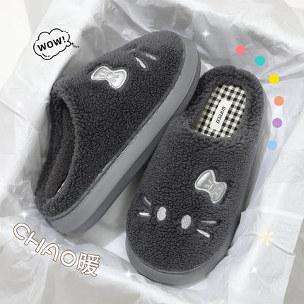 Cute Cat Winter Warm Slippers Women Men Fluffy Plush Home Shoes Red Bowknot Plaid Lining Indoor Bedroom Cotton Slides Mules New
