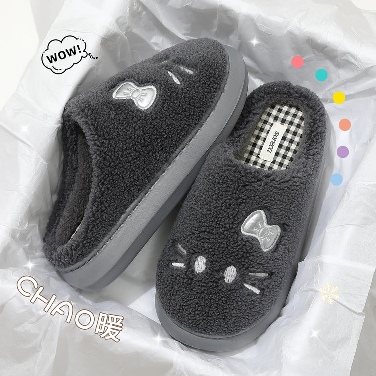 Cute Cat Winter Warm Slippers Women Men Fluffy Plush Home Shoes Red Bowknot Plaid Lining Indoor Bedroom Cotton Slides Mules New
