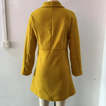 Women's Autumn Winter Yellow Woolen Coat Elegant Lapel Double Button Slim Fit Mid-Length Overcoat Casual Long Sleeve Outerwear F
