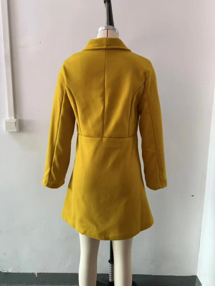 Women's Autumn Winter Yellow Woolen Coat Elegant Lapel Double Button Slim Fit Mid-Length Overcoat Casual Long Sleeve Outerwear F