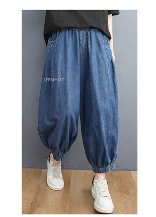 Jeans Vintage tinta unita da donna moda estiva pantaloni larghi in Denim elasticizzato in vita femminile pantaloni Harem alla caviglia stile giapponese