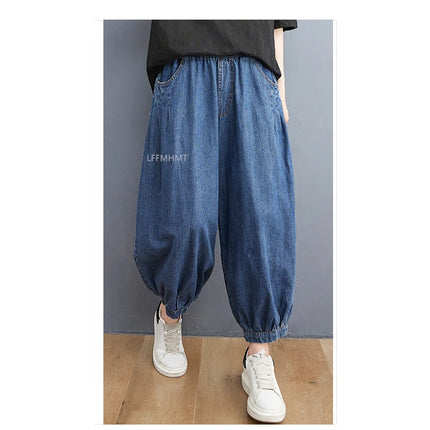 Jeans Vintage tinta unita da donna moda estiva pantaloni larghi in Denim elasticizzato in vita femminile pantaloni Harem alla caviglia stile giapponese