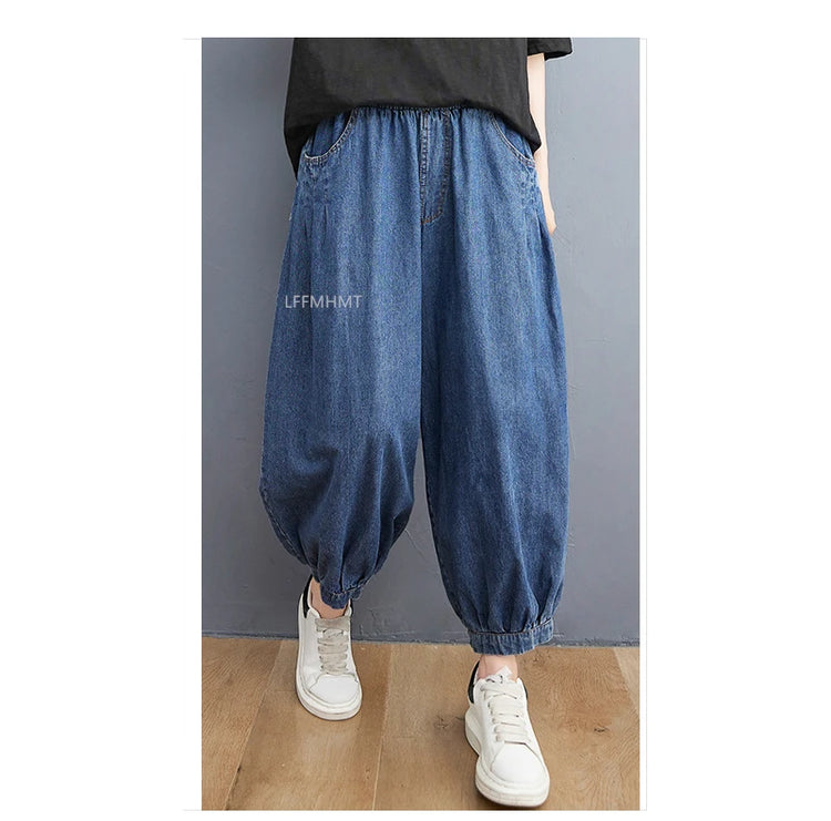 Jeans Vintage tinta unita da donna moda estiva pantaloni larghi in Denim elasticizzato in vita femminile pantaloni Harem alla caviglia stile giapponese