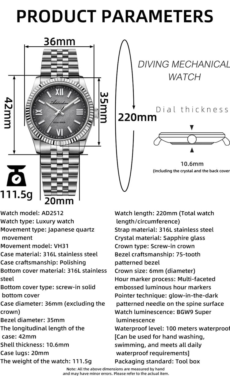 ADDIESDIVE 36mm AD2512 Watch For Men BGW9 Luminous Jubilee Strap 100m Waterproof Sapphire Glass VH31 Movement Quartz Watch Reloj