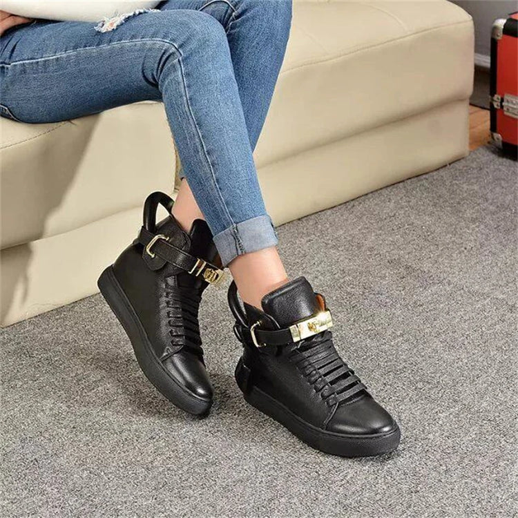 Women’s Genuine Cow Leather Flat Ankle Boots Stone Pattern Black High with Lace Sneakers Designer With Lock Luxury Brands Shoes