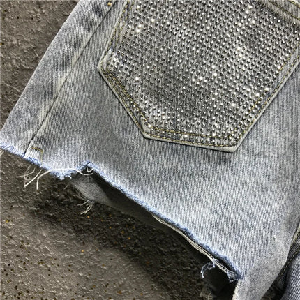 Women's Summer High Waist Rhinestone Tassel Ripped Irregular Blue White Denim Shorts Korean Denim Shorts for Women