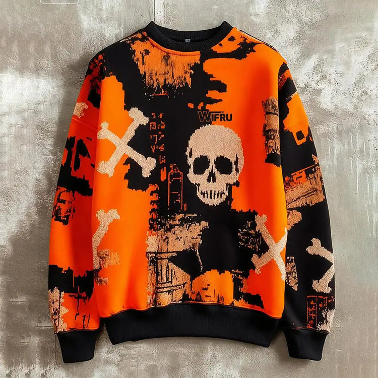 Men's Skull Print Sweatshirt Street Style Retro Graffiti Fashion Pullover Autumn Harajuku Style Casual Loose Crew Neck Top