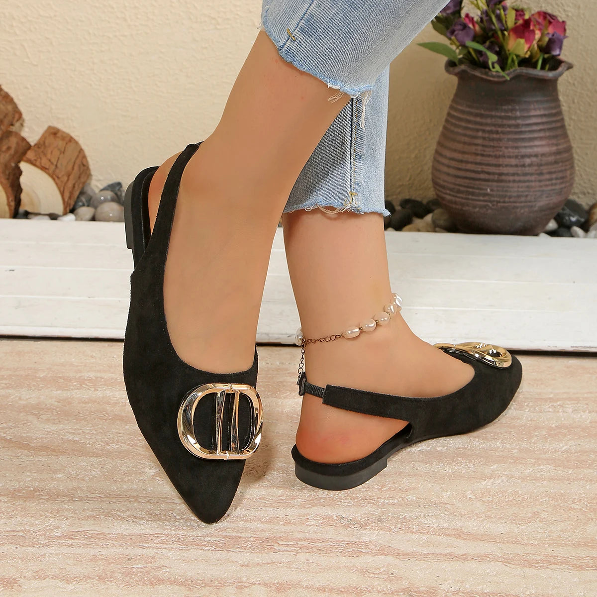 French Pointed-toe Metal Flat Shoes Baotou Sandals Shallow-mouth Single Shoes Foreign-style Explosive Internet Celebrity