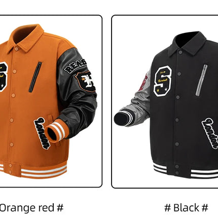 Men's Letterman Jacket Vintage Varsity Coat Patchwork Baseball Streetwear Outerwear with Faux Leather Sleeves & Fine Embroidery