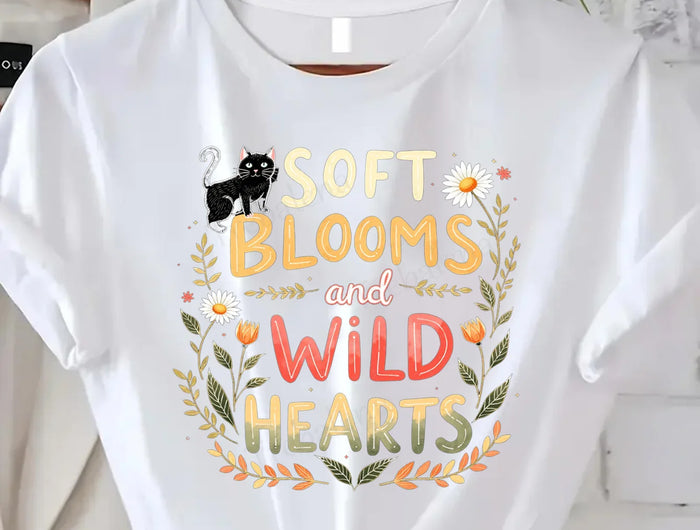 Comoda maglietta da donna con stampa T-shirt con fiori morbidi e cuori selvatici - T-shirt da donna con stampa floreale di gatti