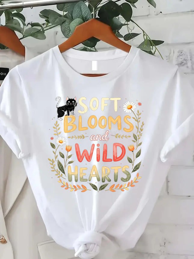 Comfy women's T-shirt with soft flowers and wild hearts print - Women's floral cat print T-shirt