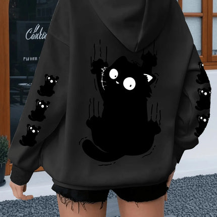 Women Oversized Hoodie Cute Scratch Black Cat Dual Sleeve Print Pullover Sweatshirt Autumn Winter Harajuku Casual Street Tops