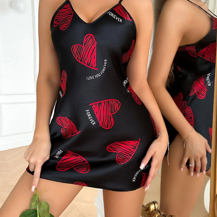 Camicia da notte sottoveste in raso con stampa labbra rosse per San Valentino, mini abito da notte senza schienale con scollo a V, abiti da notte da donna
