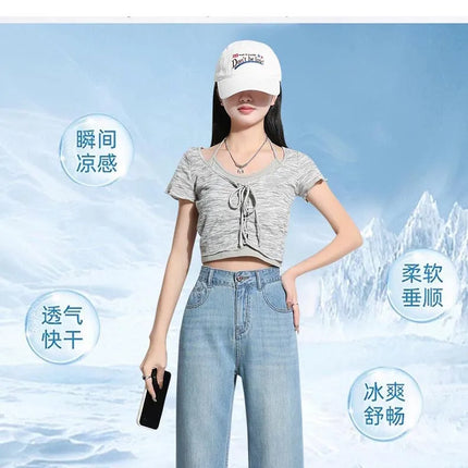 Jeans da donna in seta ghiaccio, nuovi, estivi 2026, in denim sottile e morbido, a gamba dritta e larga, modello baggy, versatili, blu ﻿