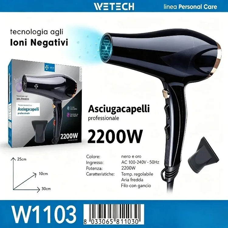 2200W Fast Dry Ionic Hair Blow Dryer 100‑240V Dual‑Voltage Hot & Cold Air Function Hanging Hook Design With Concentrator Nozzle Hair Styling Tool
