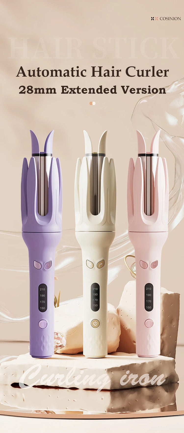 Automatic Hair Curler 28mm Negative Ions Electric Ceramic Curling Hair Stick Rotating Curl Waves Anti-Tangle Curling Iron Styler