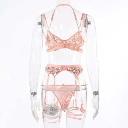 Sexy Embroidery Lingerie Suit Women Lace Embroidery Gathering Temptation Bra Lingerie Set Sexy Garters Underwear Suit