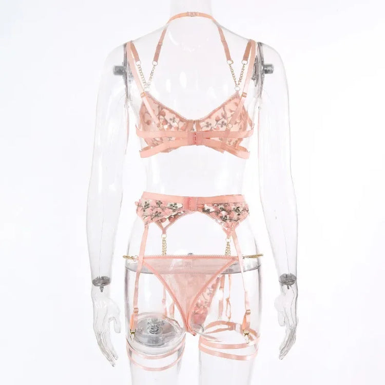 Sexy Embroidery Lingerie Suit Women Lace Embroidery Gathering Temptation Bra Lingerie Set Sexy Garters Underwear Suit