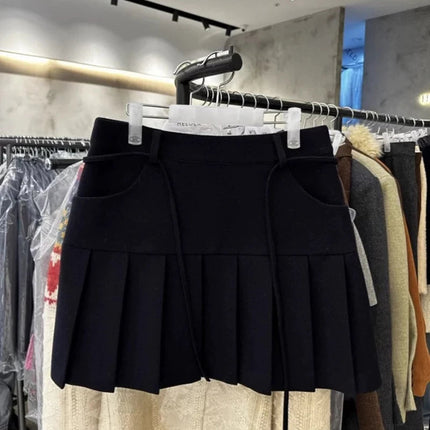 MEXZT Streetwear Woolen Mini Skirt Women Harajuku Bow Lace Up Black Pleated Skirts Autumn Winter Fashion Korean Preppy Faldas PlatiNum