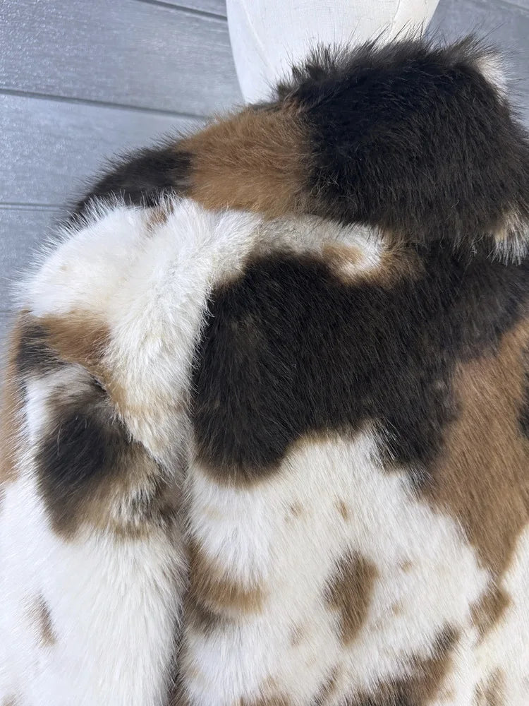 ZADORIN 2026 Chic Mid Long Cow Pattern Fluffy Faux Fur Coat Woman Lapel Loose Winter Fur Coats Woman Furry Jacket Fur Faux Coat