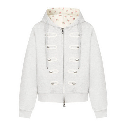 Coquette Zip Up Hoodie Women Decorative Double Row Metal Buttons Floral Print Lined Loose Fit Y2K Casual Streetwear Sweatshirt