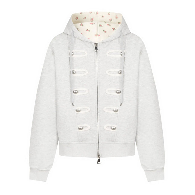 Coquette Zip Up Hoodie Women Decorative Double Row Metal Buttons Floral Print Lined Loose Fit Y2K Casual Streetwear Sweatshirt