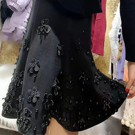 Luxury Style Beaded Woolen Trumpet Faldas 2025 Winter Autumn Thickend Warm Skirt High Waist Mid-length Skirt For Women Clothes PlatiNum