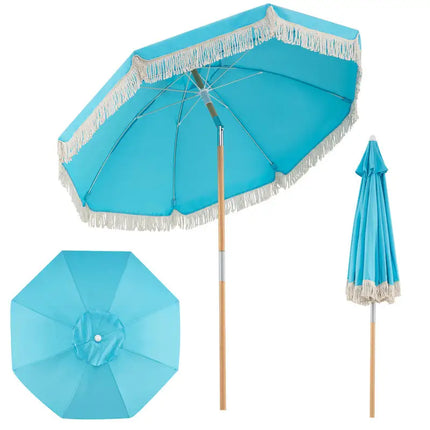 Garden Parasol with Fringes, 180cm, Wooden Parasol with 8 Sturdy Ribs, Adjustable Tilt, Automatic Opening, Bohemian Style, Blue