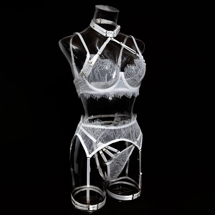 Sexy Lingerie Lace Women's Intimates Sets Sheer See Through Push Up Bra with Garter Belt Fancy Luxury Underwear Erotic Outfits