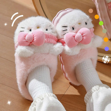 Women Cute Hello Kitty Thick Platform Plush Slippers Warm Fuzzy Non-Slip Bowknots Winter Indoor Bedroom Cozy Fluffy House Slides