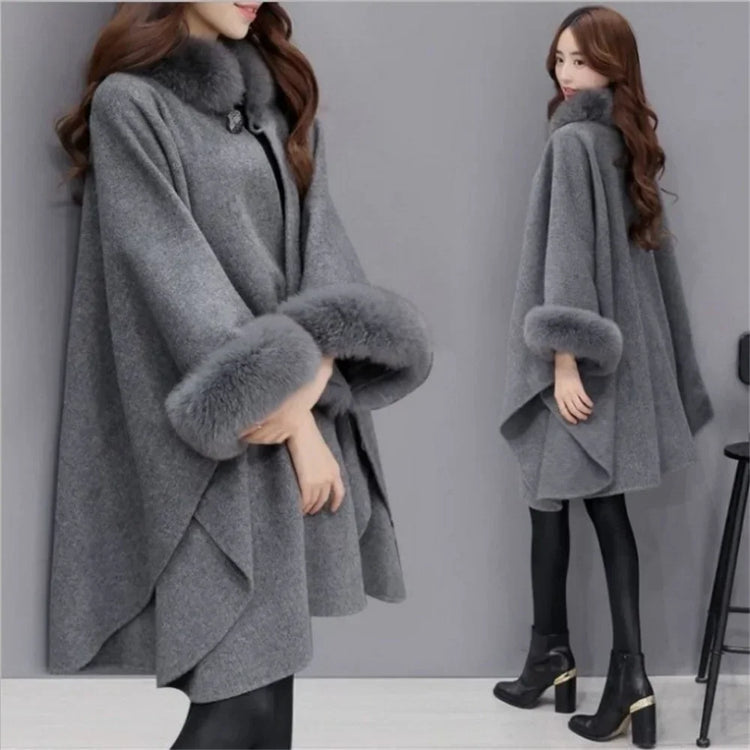 S-5XL Winter Warm Fashion Cloak Horn Buckle Woolen Poncho Capes Women Faux Rabbit Fur Dolman Sleeves Loose Long Cappa Coat