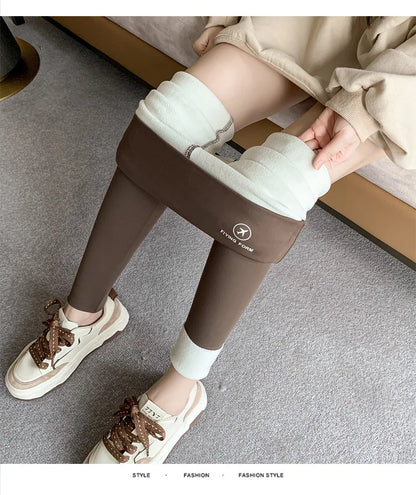 Women High-Waisted Winter Leggings Add Plush Fleece Slimming Tights Warm Trousers Casual Cashmere Pants For Women