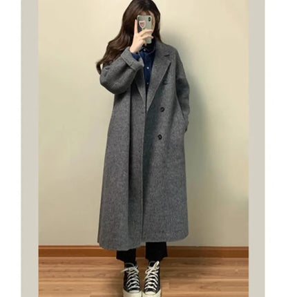 Grey Double-sided Cashmere Coat Women's 2026 Winter New Korean Version Loose Thick Down Woolen Coats Solid Casual Long Overcoat