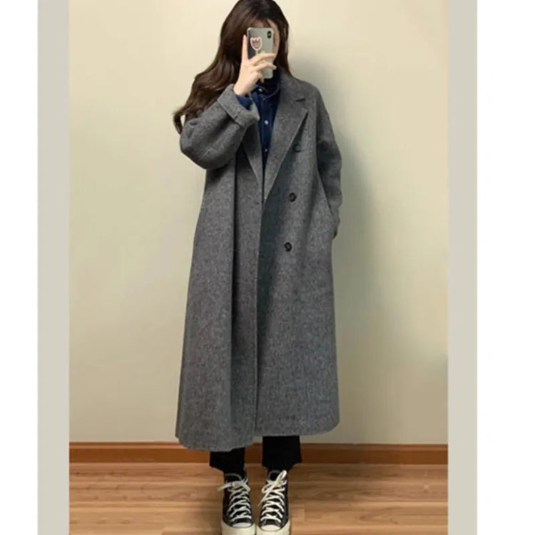 Grey Double-sided Cashmere Coat Women's 2026 Winter New Korean Version Loose Thick Down Woolen Coats Solid Casual Long Overcoat