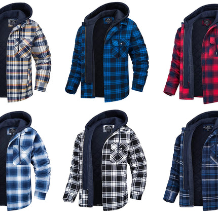 TACVASEN Men's Flannel Shirt Jacket with Removable Hood Plaid Quilted Lined Winter Coats Thick Hoodie Outwear Man Fleece Shirts