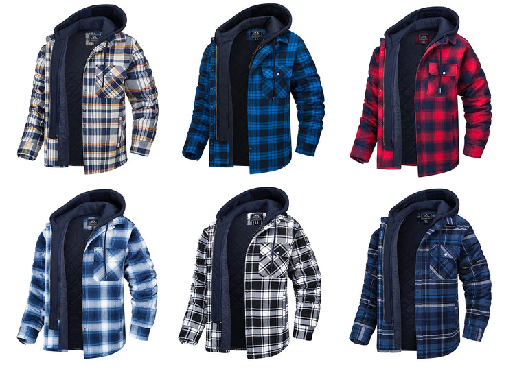 TACVASEN Men's Flannel Shirt Jacket with Removable Hood Plaid Quilted Lined Winter Coats Thick Hoodie Outwear Man Fleece Shirts