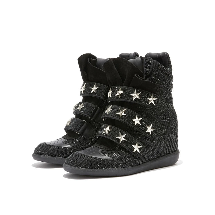 Women Rhinestone High Top Sneakers Hidden Wedge Heel Shoes Star Decor Hook & Loop Fashion Platform Ankle Boots