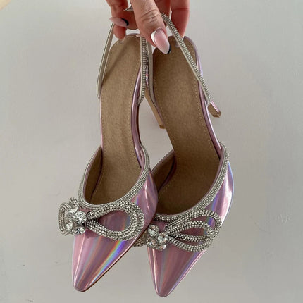 Onlymaker donna elegante tacchi a punta cristallo farfalla nodo lucido conciso partito tacchi alti sottili regalo di nozze sandali moda