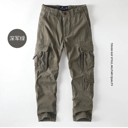 American Style Men's Heavyweight Cotton Cargo Pants Multi-Pocket Casual Loose Straight-Leg Work Trousers Outdoor Jogger Pants