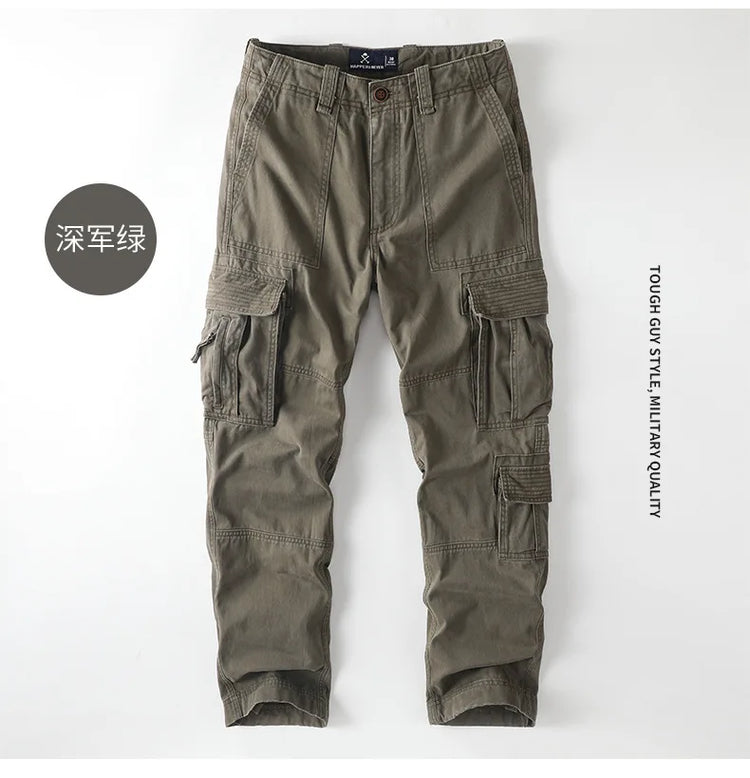 American Style Men's Heavyweight Cotton Cargo Pants Multi-Pocket Casual Loose Straight-Leg Work Trousers Outdoor Jogger Pants