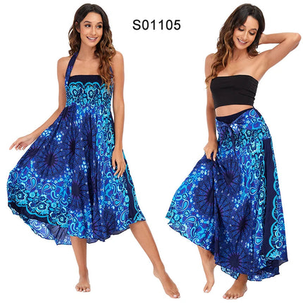 Boho Gonne Donna Rayon Beach Abito lungo Estate Bohemian Jupe Longue Femme Elastico in vita Stampa Fasciatura floreale Halter Hippie platinumshop