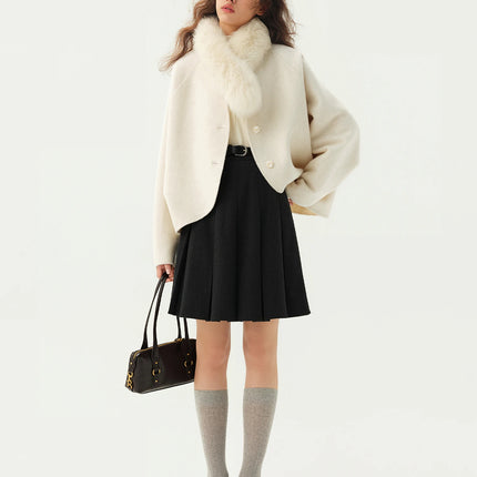 DUSHU Short Wool Coat  Fox Fur Collar and Camel Hair Women Warm Single Breasted Elegant Temperament Winter Batwing Sleeve