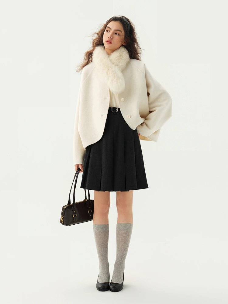 DUSHU Short Wool Coat  Fox Fur Collar and Camel Hair Women Warm Single Breasted Elegant Temperament Winter Batwing Sleeve