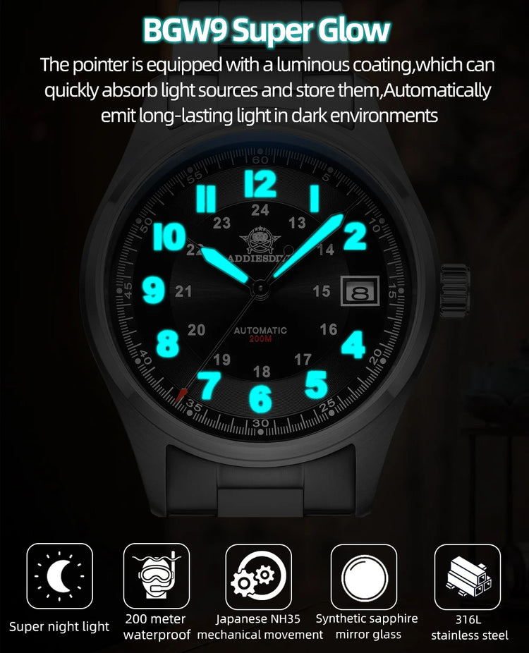 ADDIESDIVE Luxurious Men's Automatic Watch 8215 Mechanical Watches Sapphire Glass 200m Waterproof Analog Luminous Watches AD2525