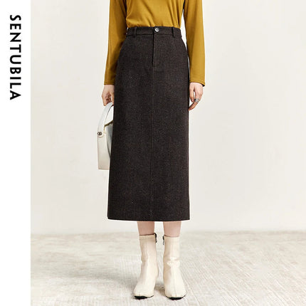 SENTUBILA Straight Wool Skirt Women 2025 Winter Vintage Elegant Tweed High-waist Slit-hem Temperament Long Skirts 144Q56942 PlatiNum