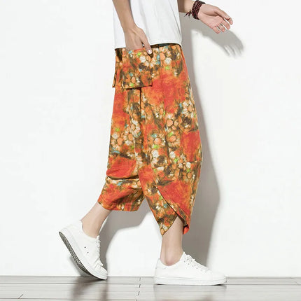 Pantaloncini Estivi Harajuku Larghi Stampati Traspiranti Casual a Lunghezza Polpaccio in Cotone Oversize da Uomo