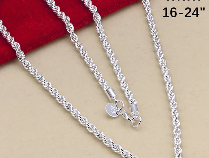 16-24inch for women men Beautiful fashion 925 Sterling Silver charm 4MM Rope Chain Necklace fit pendant high quality jewelry PlatiNum