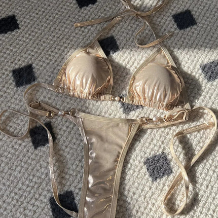 Micro Bikini Rosa Lucido da Donna, Sexy con Perle in PU, Push-Up, Perizoma, Costume da Bagno Estivo, con Lacci, per Vacanze PlatiNum